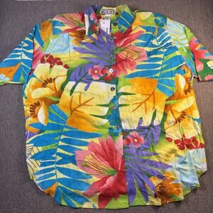Vintage B.O.P Blouse 1X NWT Tropical Rayon Button Up Floral 90s Shoulder Pads